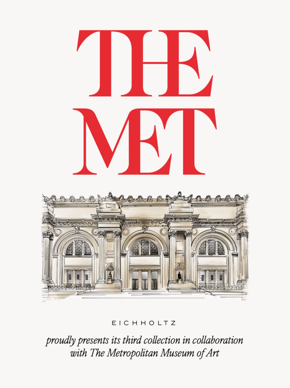 Book cover of 'The Met' with architectural illustration and text about collaboration of Eichholtz with The Metropolitan Museum of Art.
